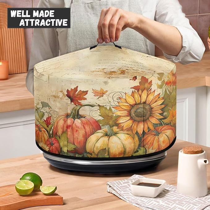 Fall Slow Cooker Dust Cover Compatible with 6/7/8 Quart Slow Cooker Dust Proof Electric Slow Cooker Cover with Pocket for Crock Pot Accessories, Vintage Pumpkin Sunflower Maple Leaf Print