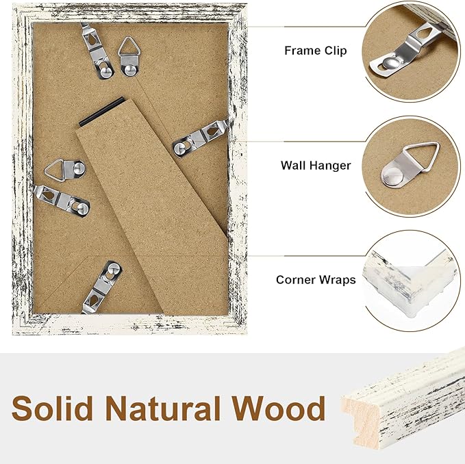 Vittanly 4x6 Picture Frame Set of 2, Solid Wood Frame for Wall or Tabletop, Display Photo 3.5x5 with Mat or 4x6 without Mat, Distressed White