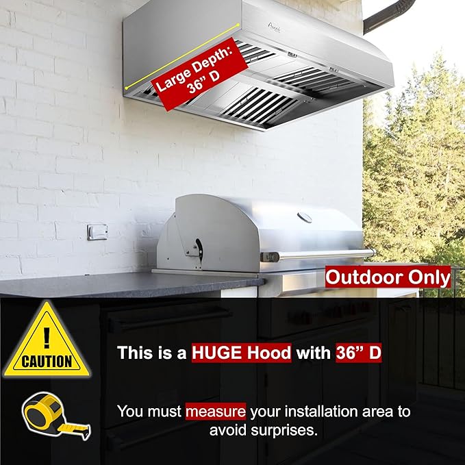 Awoco 36” Outdoor BBQ Vent Hood 17” High Type 304 Stainless Steel, 4 Speeds 1000 CFM, Adjustable LED Lights, 8” Round Top Vent