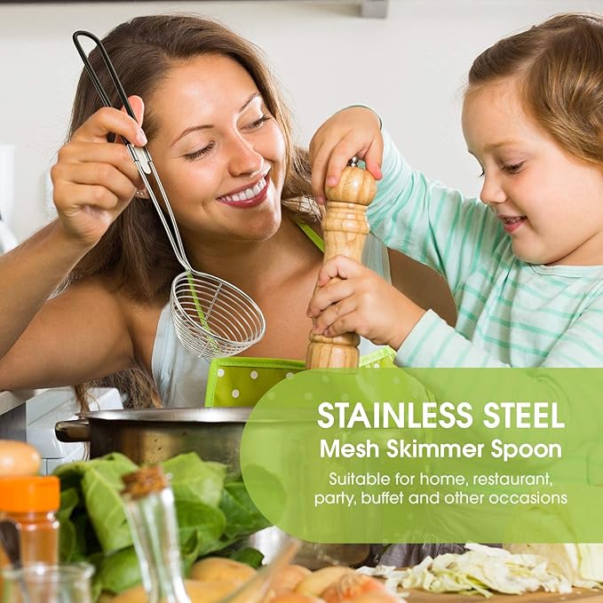 Geiserailie 6 Pieces 6 Pieces Hot Pot Kit Strainer Scoops Stainless Steel 2.5 Inch Mini Spider Strainer Skimmer Pasta Mesh Spoon Asian Skimmer Spoon Ladle with Handle for Home (Black)