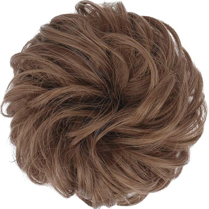 FESHFEN Large Messy Bun Hair Piece - Wavy Synthetic Chignon Scrunchies Elastic Ponytail Hair Extensions Thick Hairpieces for Women, Medium Auburn 1.94oz