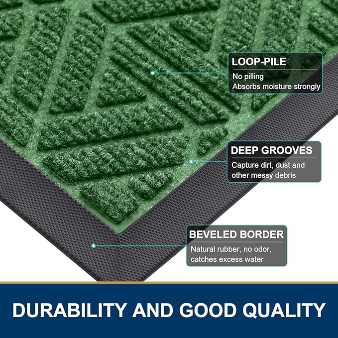 Smiry Front Door Mat Outside Entrance, Heavy Duty Sturdy Natural Rubber Doormat, Trap Dirt and Moisture, Easy Clean Low Profile Mats for Indoor Outdoor Entry, Grid Geometric (29.5x17, Green)