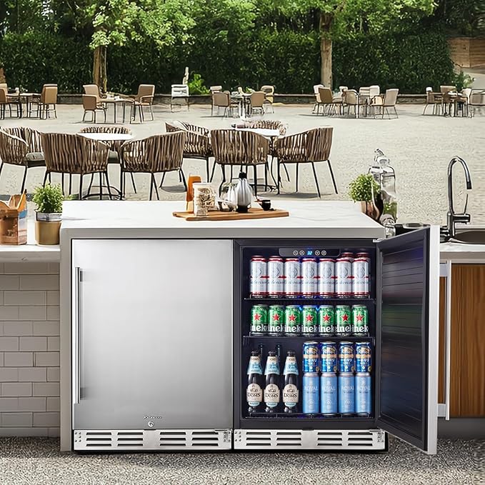 Kalamera Beverage Refrigerator 24 Inch, Under Counter 150 Cans Mini Drinks Fridge with Stainless Steel Door, Beverage Cooler Built-in and Freestanding, 32-40℉ Temperature Range