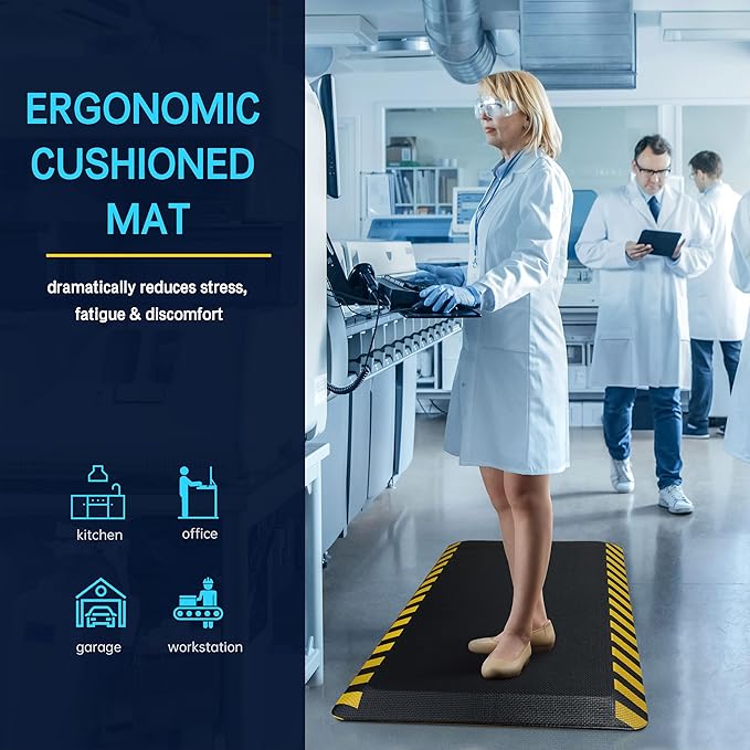 FEATOL Anti Fatigue Mat Industrial, Ergonomic Standing Floor Mat for Work for Stand, Safety Support for Leg & Back Pain(Yellow Border, 24" x 36", 2PC)