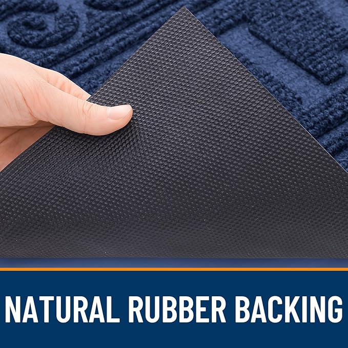 OLANLY Welcome Door Mat Indoor Outdoor Entrance, Heavy Duty Sturdy Front Door Mat, Waterproof All-Weather Doormat, Stain Resistant, Low Profile, Easy Clean Patio Entryway Mat, 29.5 x 17, Navy Blue