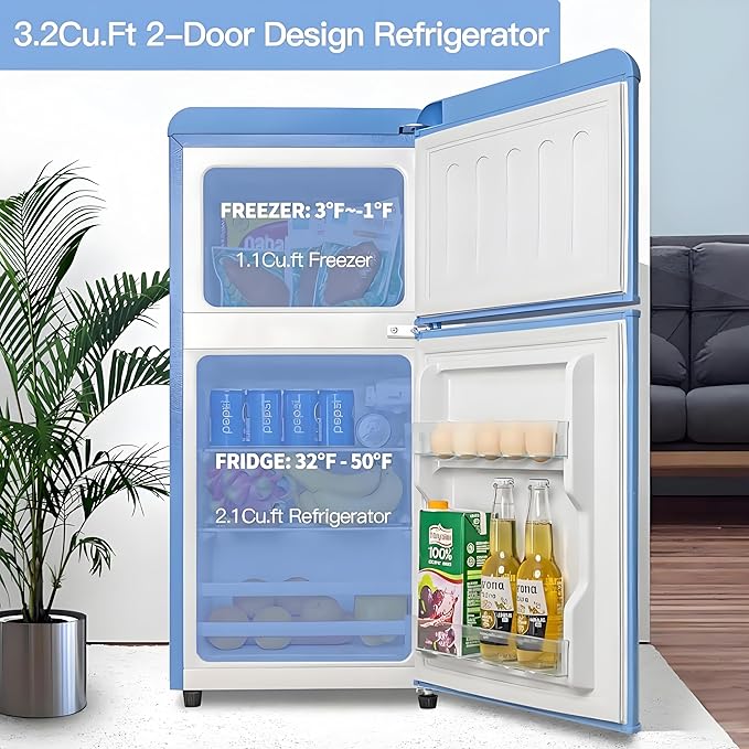 Anukis Compact Refrigerator with Freezer, 3.2 Cu.Ft 2 Door Mini Fridge for Apartment, Dorm, Office, Family, Basement, Garage - Retro Blue