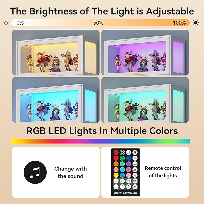 65" Tall Display Cabinet with Glass Doors,Metel Curio Cabinet with RGB LED Lights,4 Tier Glass Display Case for Scale Figures, Collectibles,Books(White)