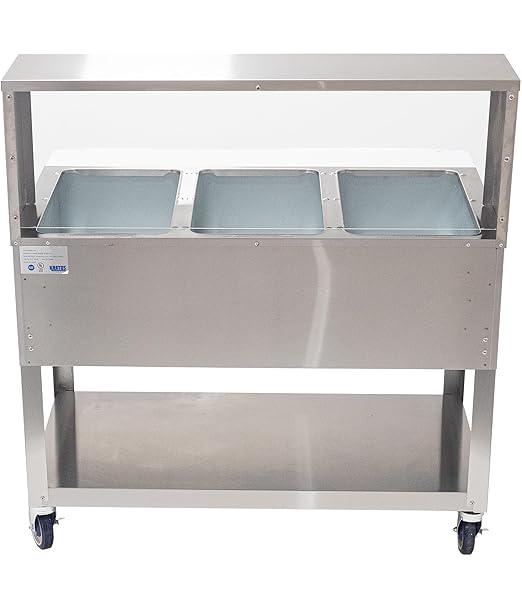 Kratos Commercial Electric Steam Table/Hot Food Table with Overshelf and Sneeze Guard, 3 Wells, Stainless Steel, Mobile, NSF, 120V (28W-202)