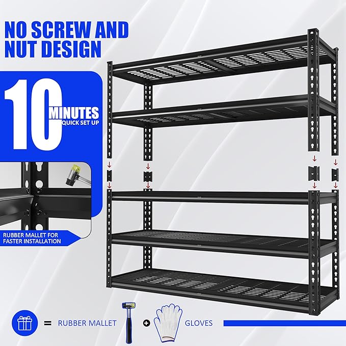 48" W Garage Shelves, 5-Tier Heavy Duty Garage Shelving Load 3030LBS, Adjustable Metal Storage Shelves, Wire Shelving for Warehouse,Industrial,Workshop,Basement, 48" W x 24" D x 72" H