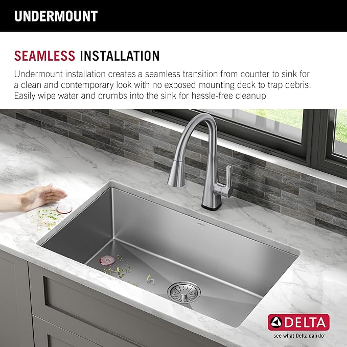 DELTA FAUCET Delta Lenta 30-inch Undermount 16 Gauge Stainless Steel Single Bowl Kitchen Sink with Accessories, 953034-30S-SS, Satin