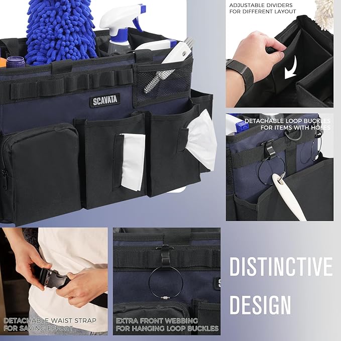 Wearable Cleaning Caddy Bag, Cleaning Caddy Supplies Organizer with Handle & Shoulder Straps for Housekeepers, Under Sink & Car Cleaning Tool Organizers with 4 Foldable Divider (DarkBlue)
