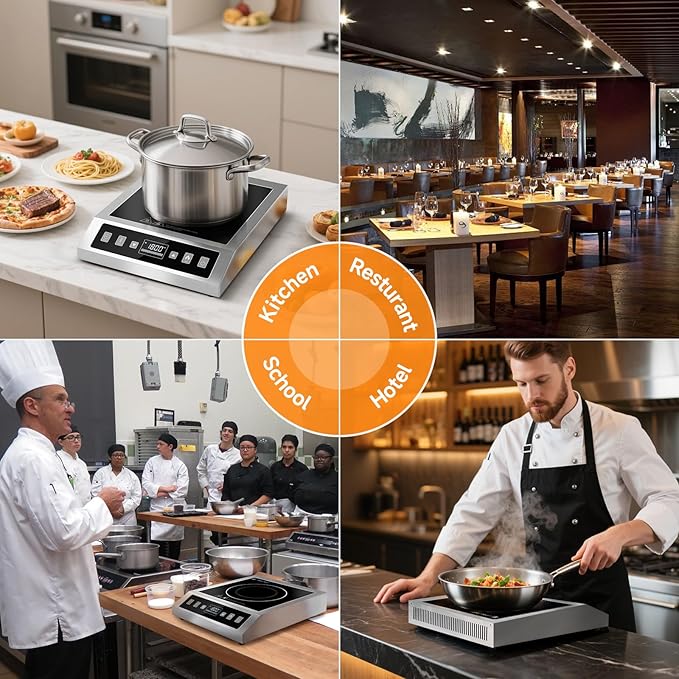 AMZCHEF Induction-Cooktop-Commercial: 1800W Induction Burner with Large 8" Heating Coil, Portable Hot Plate with 8 Temperature & Power Levels, LCD Screen & 10 Hour Timer