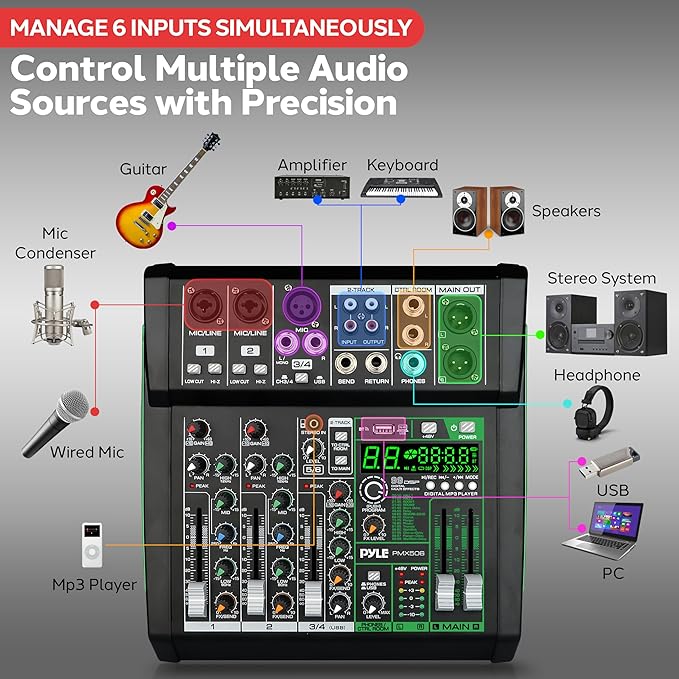 Pyle 6-Channel Audio Mixer, Bluetooth Studio Mixer/DJ Controller with Digital Effects, USB Interface, MP3 Compatible, XLR Inputs and LED Display, Audio Mixing Sound board System 10”x11”x3” inches