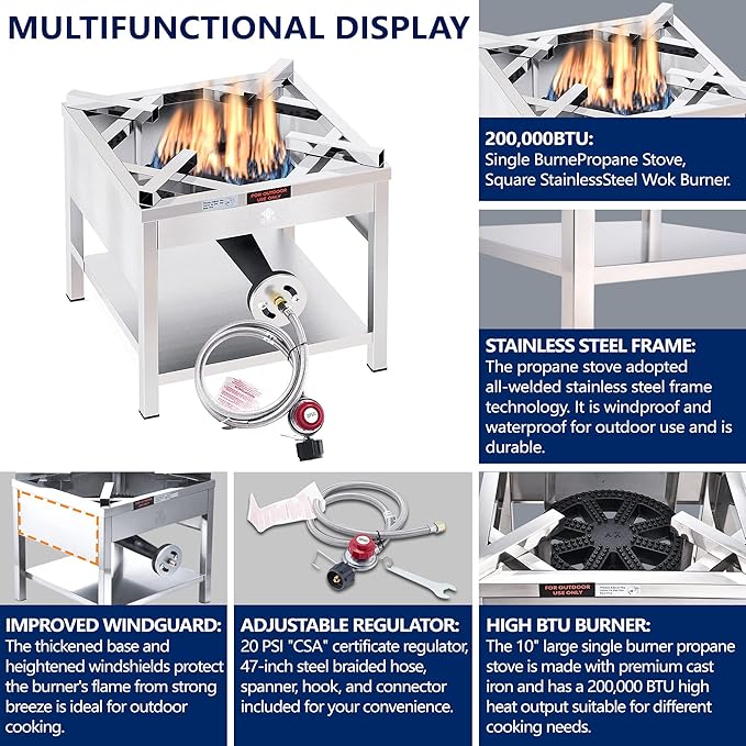 ARC Stainless Steel Single Burner Propane Stove, 200,000BTU High-Pressure Heavy-Duty Propane Burner Cooker, Burners for Outdoor Cooking For Turkey Fry, Seafood Boil (16.5"x16.5" Cooking Surface)