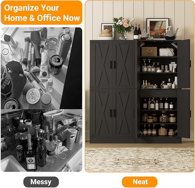 Unikito 71" Tall Kitchen Pantry Cabinet with Farmhouse Barn Doors and Storage Drawer, 4 Adjustable Shelves, Freestanding Cupboard for Kitchen, Dining Room, Living Room, Utility Room, Black 2 Pack