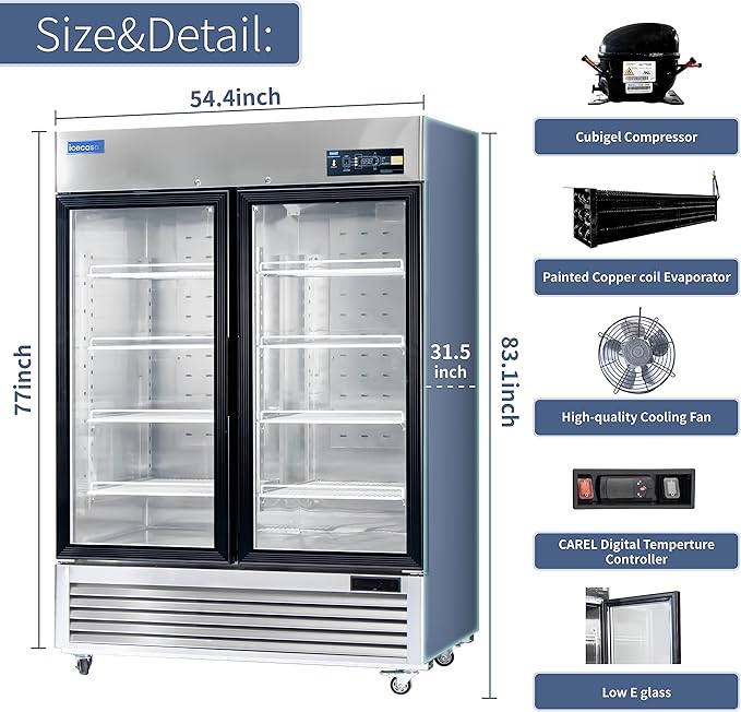 ICECASA 54" W Commercial Display Refrigerator 2 Glass Door Merchandiser Reach-in 49 Cu.ft Stainless Steel Display Refrigerator Fan Cooling for Restuarant, Bar, Shop, etc