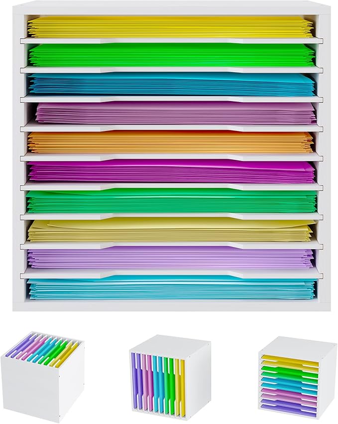 EasyPAG Scrapbook Paper Storage Organizer for Craft Room, 12x12 Paper Storage Desk Shelf, 10 Slot Adjustable File Sorter for Office School Classroom, White