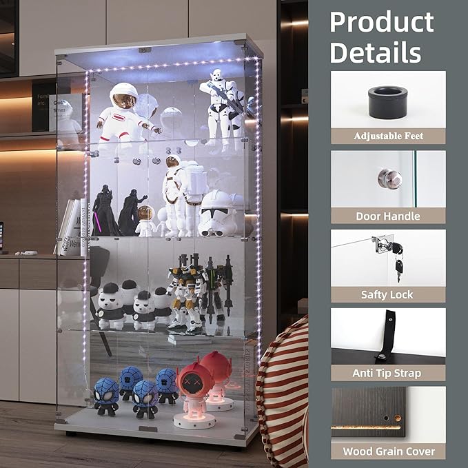 Glass Display Cabinet with LED Light Strip & Mirror Back Panel, 4 Shelves with 2 Doors, Curio Storage Cabinets with Lock for Living Room, Office, Floor Standing Glass Bookshelf - White