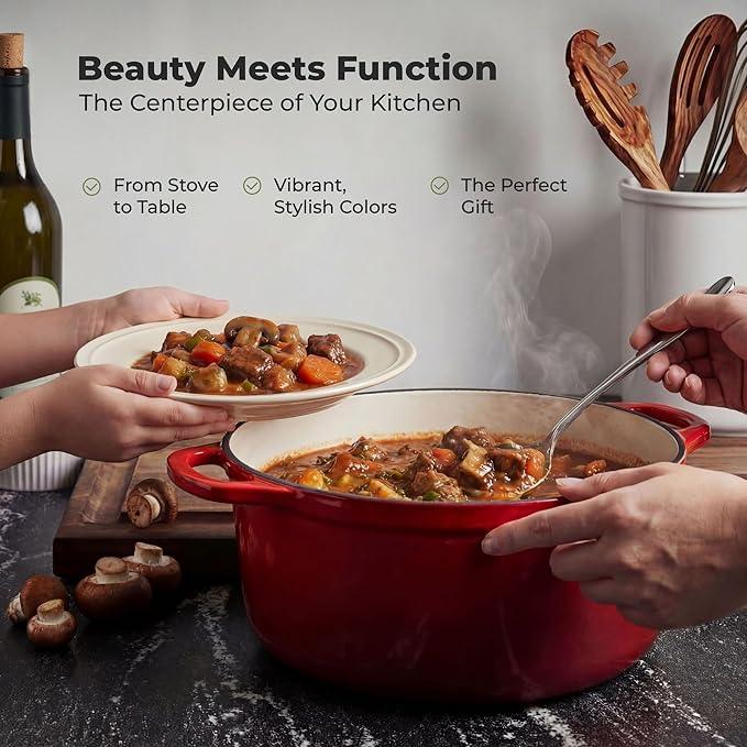 Zulay Kitchen 6 Quart Enameled Cast Iron Dutch Oven Pot with Lid – Premium Durability & Oven Safe up to 500°F – Heavy Duty Cookware Perfect for Bread Baking, Stews, Braising & Roasting – Red