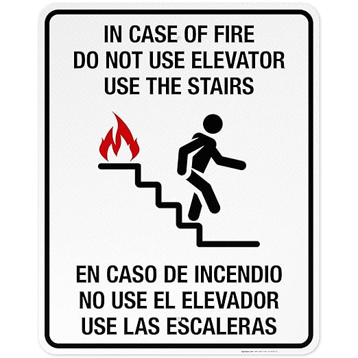 in Case of Fire Do Not Use Elevator Use The Stairs Bilingual Sign, Fire Safety Sign, 24x30 Inches, 3M EGP Reflective .080 Aluminum, Fade Resistant, Indoor/Outdoor Use, Made in USA