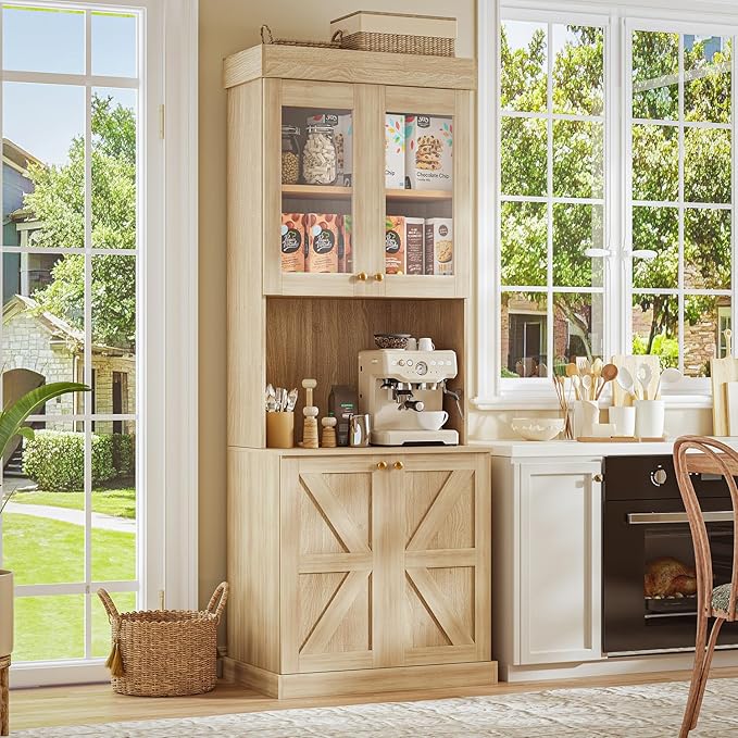 71" Farmhouse Kitchen Pantry, Rustic Brown Coffee Bar Hutch with Microwave Stand, Glass Door Storage Cabinet with Drawers and Adjustable Shelves for Kitchen or Living Room, Set of 3