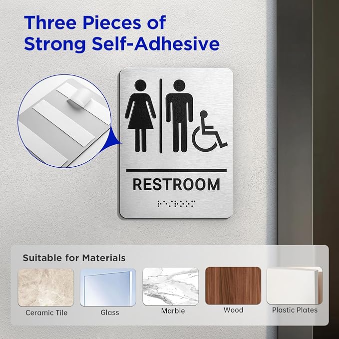 Restroom Sign, Brushed Aluminum ADA Raised Braille Restroom Signage for Business, Unisex Bathroom Sign with Strong Self-Adhesive, Wheelchair Accessible, Silver, Size 8’’* 6’'