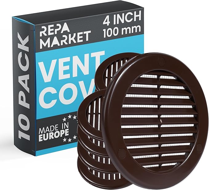 Repa Market 4 Inch (Opening) Brown Round Air Vent Cover - Pack of 10 Plastic Fresh Air Intake Vent - AC Cover with Nylon Mesh Screen - Wall, Ceiling HVAC Return Air Register - Modern Soffit Vents