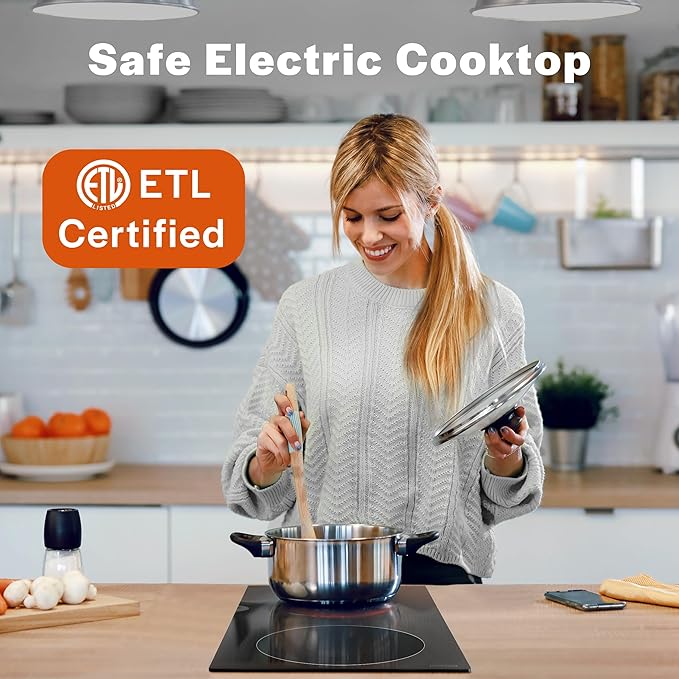 Empava 12 Inch Built-in Electric Cooktop with 2 Burners, Touch Control, Individual Timers, Stop & Go, Child Lock, Flush Mount Design, ETL Certified, 1200W & 1800W Zones, Hard Wired(No Plug)