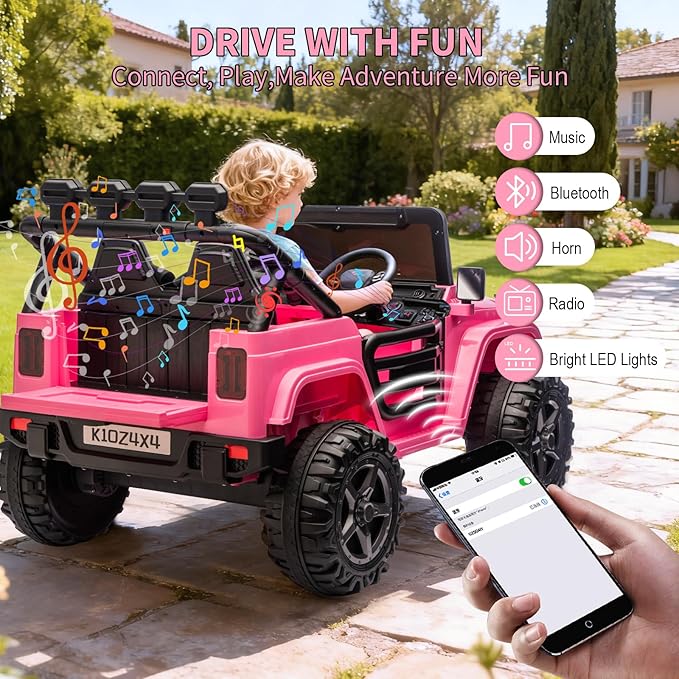 2 Seater Ride on Car Toy for Kids, 24V 4x4 Ride-on Truck, w/Parent Control, Soft Start, 3 Speed, 4-Wheeler Suspension, Bluetooth, LED Lights, Electric Car for Kids Toddler Ages 3-8, Pink