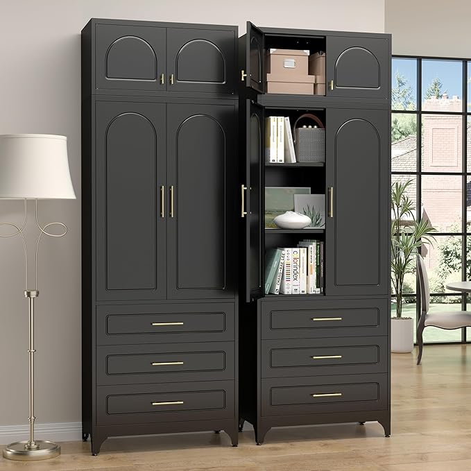 Kitchen Pantry Cabinet，90" Storage Cabinets with Doors and Shelves,Metal Pantry Cabinet with 3 Drawers,Black Kitchen Cupboard for Livingroom,Pantry, Bathroom