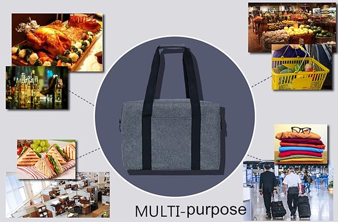 Reusable Insulated Shopping Cooler Bag with Zipper Top for Grocery, Thick Alumimum Foam Tote Thermal Bag for Frozen Cold Hot Foods Transport, Grey