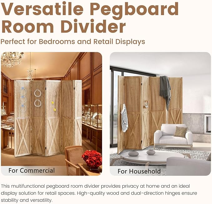 6 Panel Pegboard Room Divider, 5.6Ft Pegboard Display Folding Privacy Screens, Wood Room Divider Peg Board Display Freestanding for Trade Show Craft Show Home Wall Organizer, Light Brown
