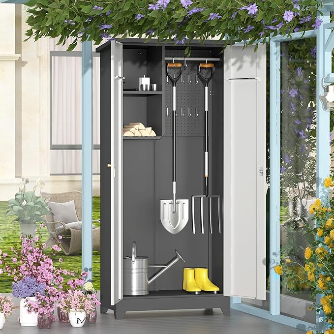 Outdoor Metal Storage Cabinet,Garden Storage Cabinet with Waterproof Coating,Waterproof Lockable Storage Cabinets for Garden,Backyard,Lawn,Dark Gray+White