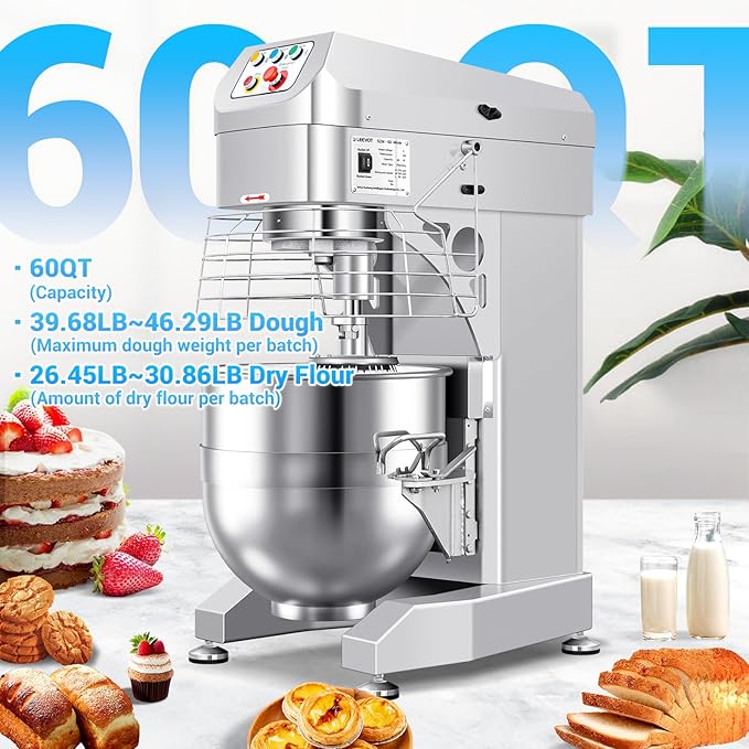 60Qt Commercial Food Mixer, Commercial Dough Mixer 3000W 3-Speed Adjustable, Heavy Duty Electric Stand Mixer with Stainless Steel Bowl for Kitchenaid and Pizzeria, 220V