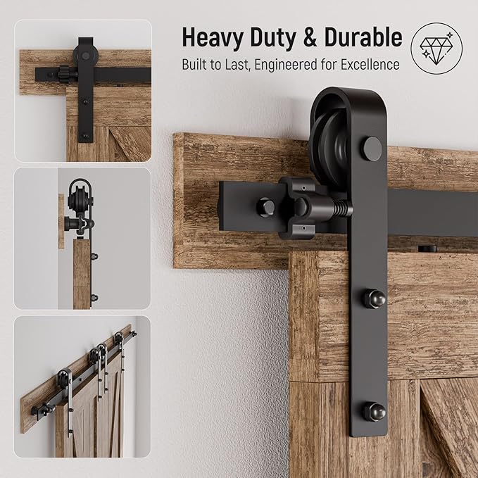 CCJH 12.6FT Sliding Barn Door Hardware Kit, Heavy Duty, Smoothly and Quietly, Easy to Install, Fit 37.8" Width Double Door Panel, Basic Style Hangers Black