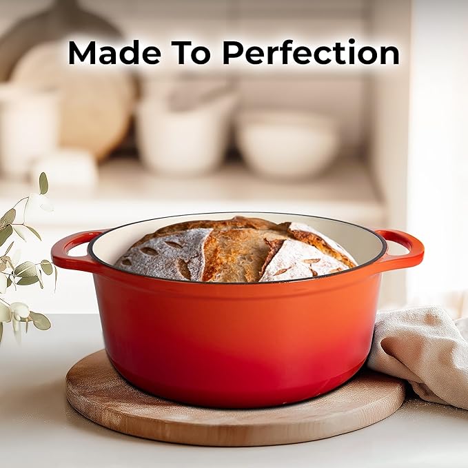 Zulay Kitchen 7.7 Quart Enameled Cast Iron Dutch Oven Pot with Lid – Premium Durability & Oven Safe up to 500°F – Heavy Duty Cookware Perfect for Bread Baking, Stews, Braising & Roasting – Orange