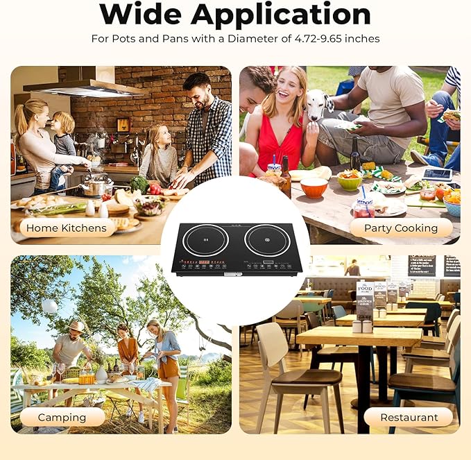 Double Induction Cooktop, 1200W+1200W Electric Cooktop with LED Display and Timer, Built-in and Countertop Stove Top for 4.72-9.65 inches Diameter for Home Kitchen, Flat, Restaurant