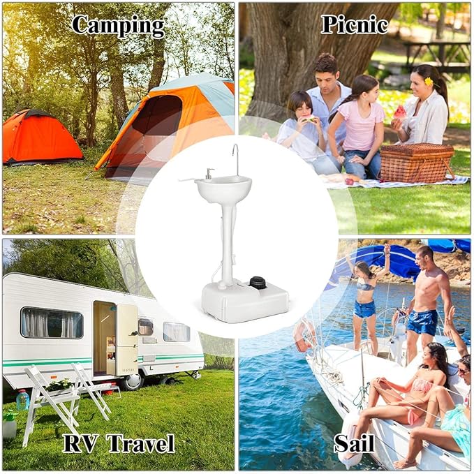 S AFSTAR Portable Camping Sink, Hand Wash Basin Stand w/ 17L Water Tank & Soap Dispenser, Rolling Hand Washing Station w/Towel Holder & Foot Pump, for Garden, Outdoor Sink Hand Wash Station
