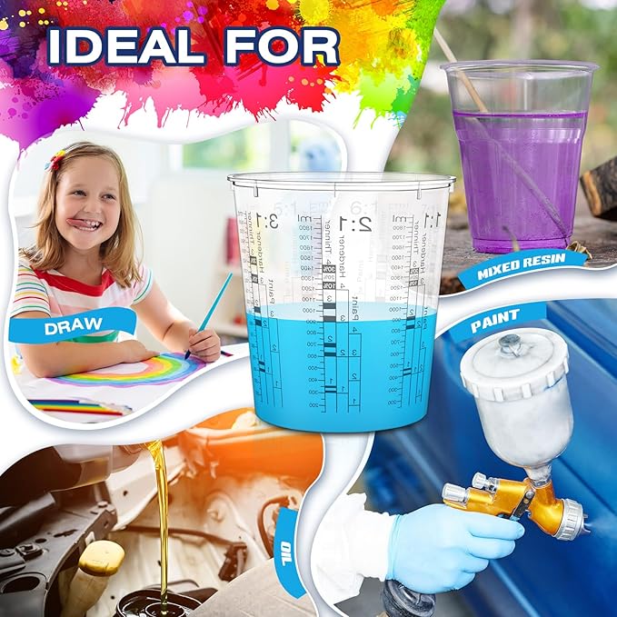 24 Pcs 64 oz 1800 ml Paint Measuring Cups Mixing Cups with Graduated and 20 Pcs Paint Mixing Sticks Plastic Disposable Resin Automotive Epoxy Mixing Cup for Paint Kitchen Cooking Baking