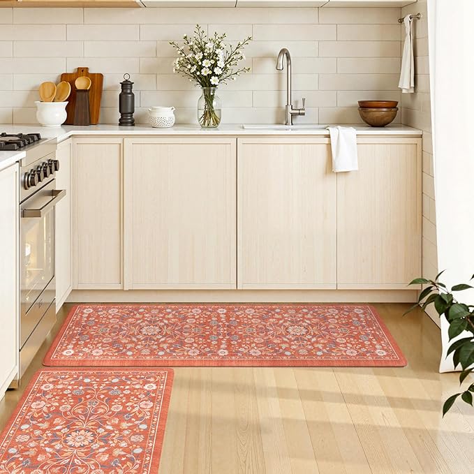 KIMODE Anti Fatigue Mat for Kitchen Floor Non Slip,Boho Vintage Floral Kitchen Rugs Sets of 2,Wide Cushioned Memory Foam Waterproof Standing Carpet for Laundry Sink Home,Red