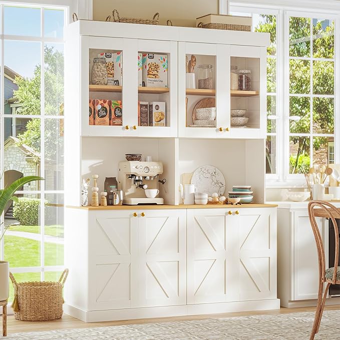 Vyre 71" Farmhouse Kitchen Pantry Cabinet, White Freestanding Coffee Bar Hutch with Glass Doors & Adjustable Shelves, Large Storage Cabinet with Microwave Stand for Living Room & Kitchen
