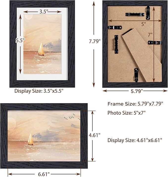 Fun Memories 5x7 Picture Frame in Black, Solid Oak Wood 5 x 7 Photo Frames for Wall & Tabletop Display, 5x7 Frame with Mat for 4x6, Rustic Wood Picture Frames with Plexiglass, 1 Pack