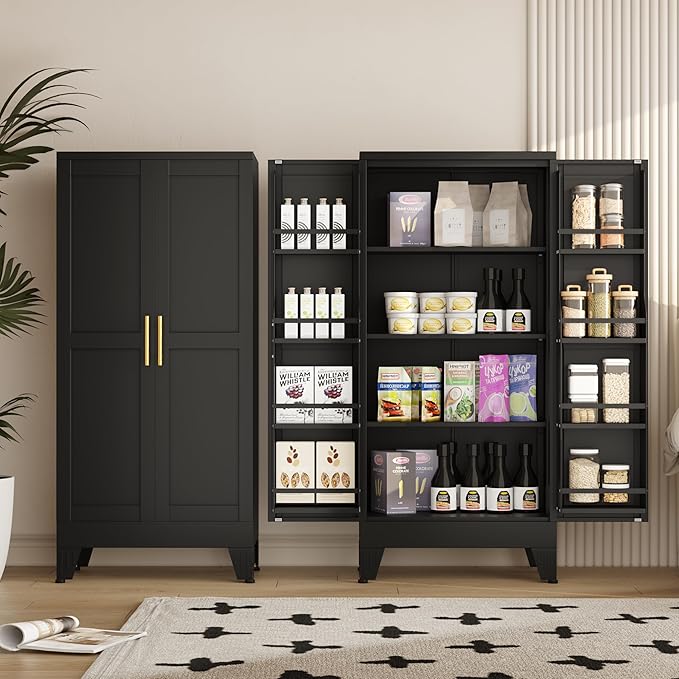Metal Kitchen Pantry Cabinet, Storage Cabinets with 2 Door and 3 Adjustable Shelves, Black Freestanding Food Storage Cabinet, Steel Cupboard for Kitchen Dinning Room