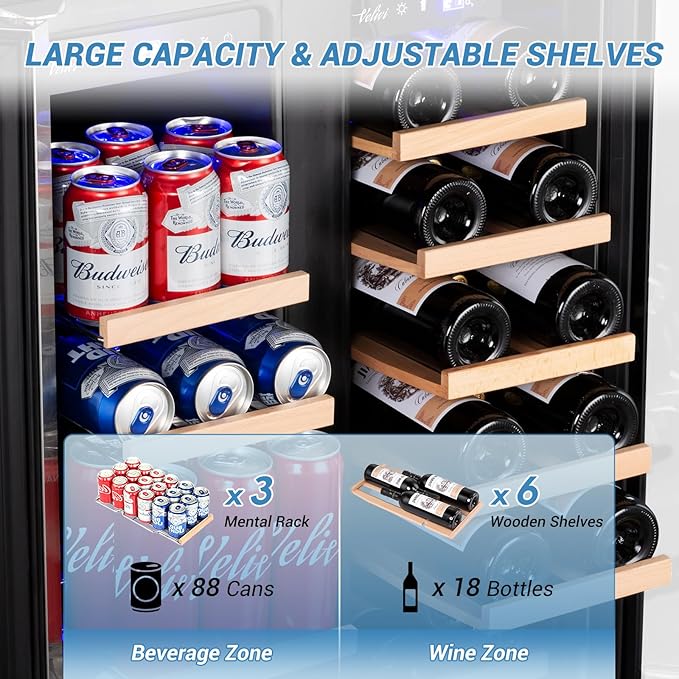 Wine and Beverage Refrigerator, 24 Inch Dual Zone Wine Beverage Cooler Under Counter with Glass Door&Lock, 18 Bottles and 68 Cans Large Capacity for Beer Soda Drink, Built-In or Freestanding Fridge