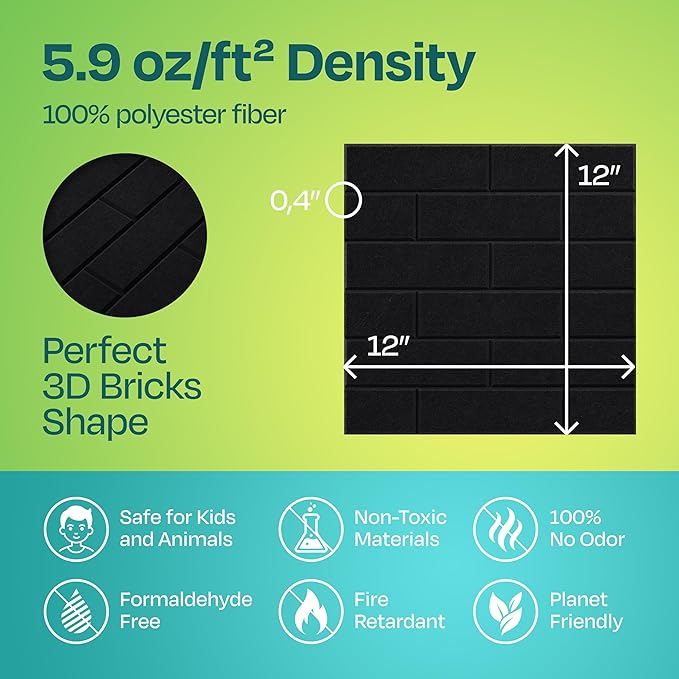 Acoustic Panels 18-Pack Soundproof Wall Panels 12"X12"X0.4" Brick Style Sound Panels Premium Sound Dampening Panels Easy Self Adhesive Installation - [Deep Black]