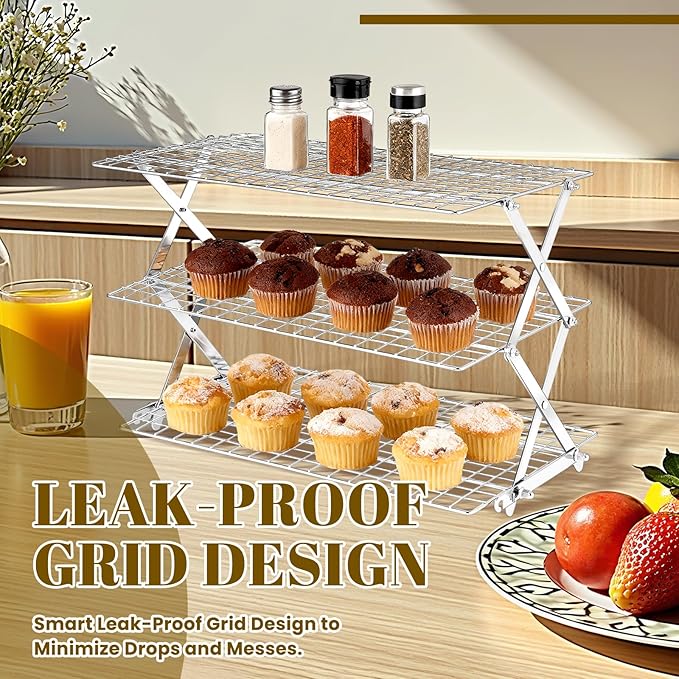 BEWOS 3 Tier Collapsible Cooling Rack - Adjustable Stainless Steel Baking Rack with Mesh Leak Proof，Foldable X-Shaped Structure Cooling Racks for Cooking and Baking, Dishwasher Safe