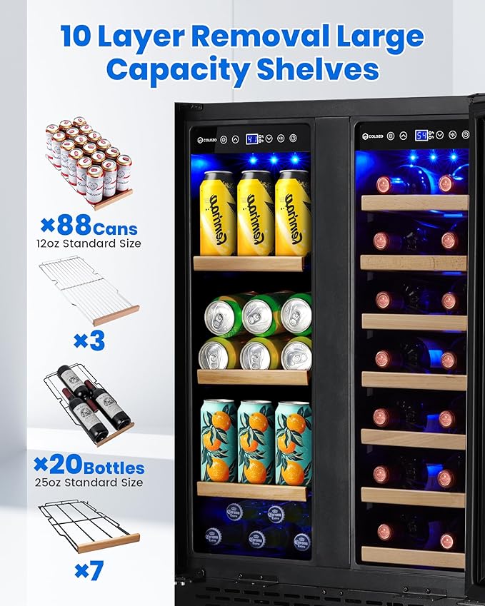 24 Inch Wine and Beverage Refrigerator Under Counter, Dual Zone Black Beverage Fridge with Glass Door&Lock,20 Bottles & 88 Cans Wine and Beverage Cooler, Freestanding Mini Fridge for Bedroom Home
