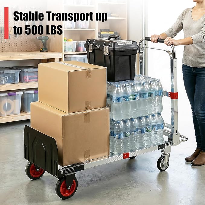 3 in 1 Folding Hand Truck Dolly Cart, Heavy-Duty Foldable and Convertible Design, Lightweight Portable Utility Cart with Rubber Wheels and Telescoping Handle for Moving, 500 lbs Capacity (Red)
