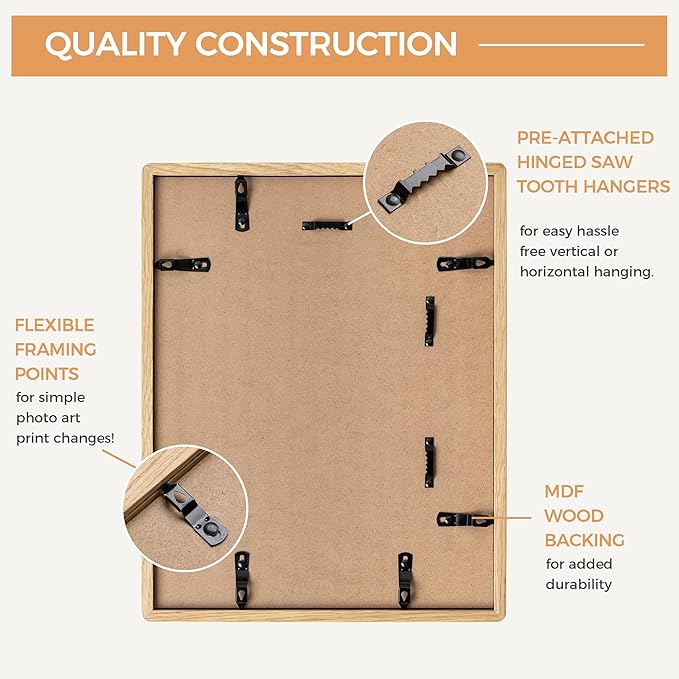 Axeman 11x14 Oak Frame - Rounded Corner 11 x 14 Picture Frame Matted to 8x10 - Natural Oak Wood 14x11 Frame with Tempered Glass for Wall Mount Display
