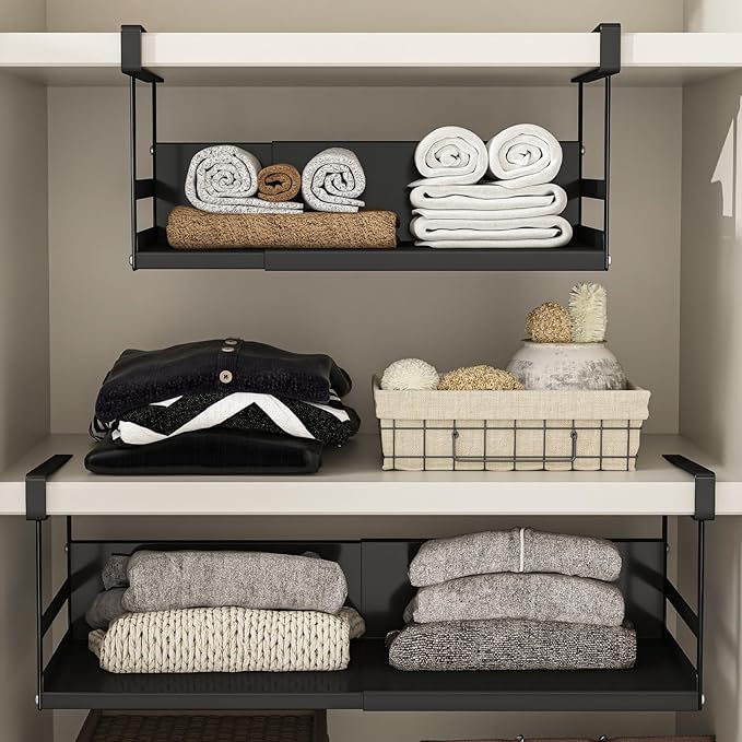 Expandable Under Cabinet Shelf Organizer with 0.94-Inch Thick Clips, Heavy Duty Extendable Under Shelf Storage Basket for Pantry or Laundry Room, Black, 2 Pack, Interior: 4.13" H x 7.2" D